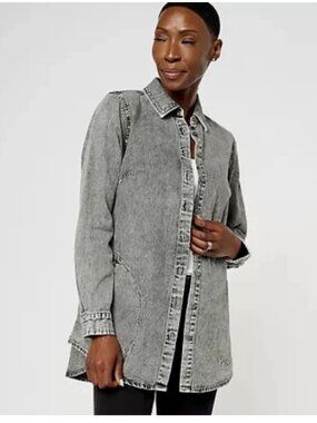 Joan Rivers Vintage Washed Denim Shirt with Pockets-Gray Wash-XS-NEW-A606113